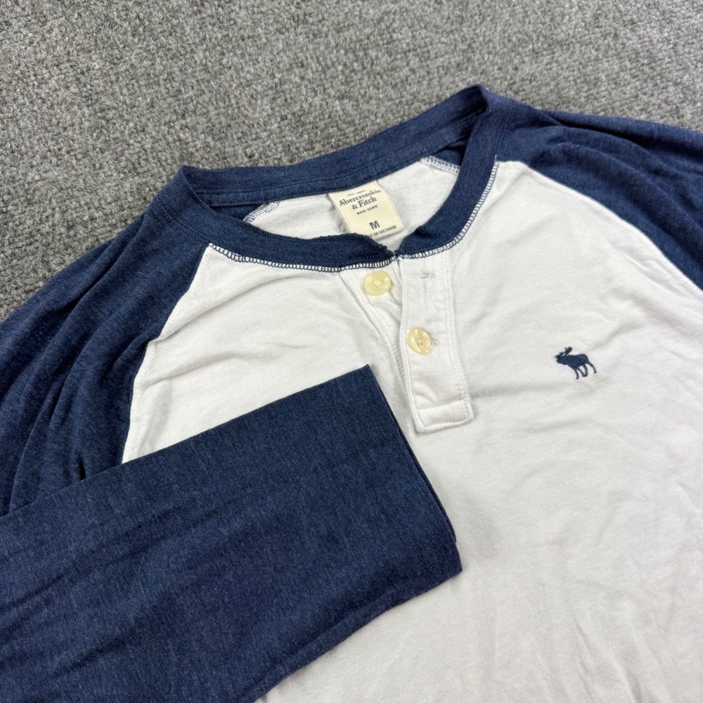 Abercrombie & Fitch Henley Shirt Medium White Blue Raglan Baseball Tee Men's